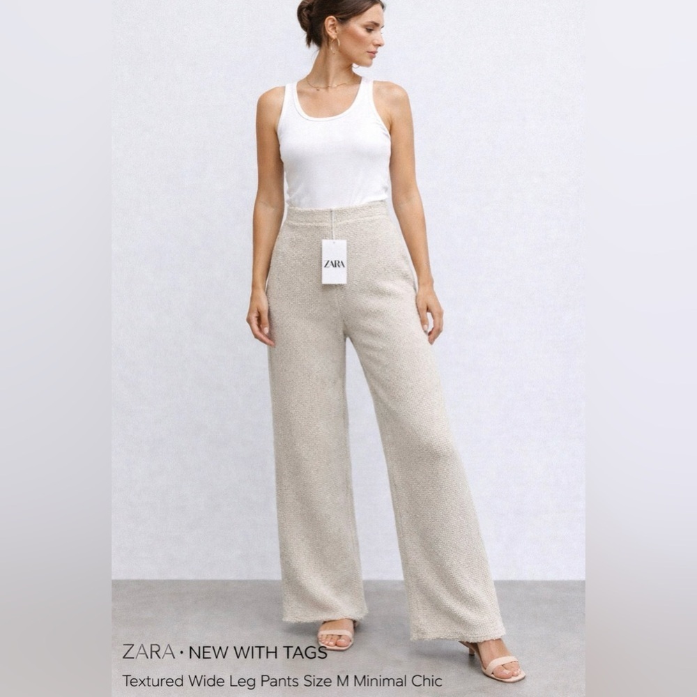 Zara NWT Beige Textured Bouclé Wide Leg Pants Size M